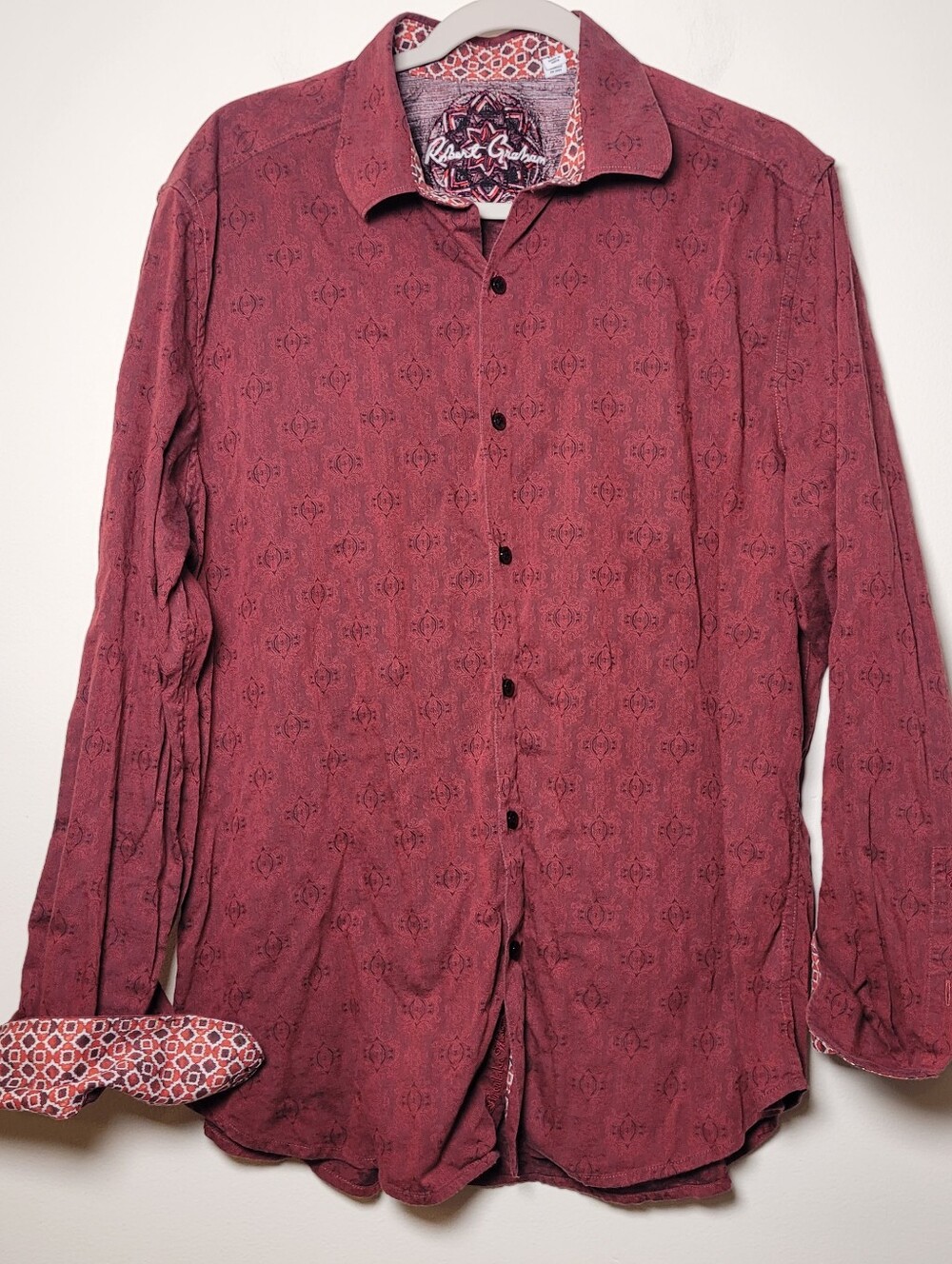 Robert Graham Men Button Shirt Classic Fit XL Paisley Red Long Sleeve Cotton